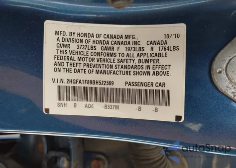 2011 Honda Civic Ex z USA, uszkodzony, nr VIN 2HGFA1F89BH522569